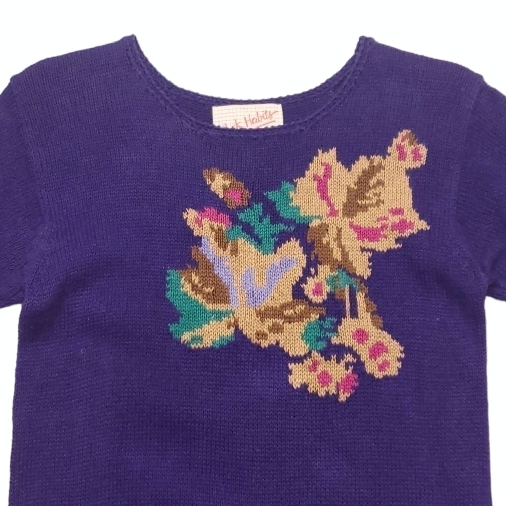 Vtg Maple Leaf Sweater Floral Pullover Short Sleeve Dark Purple Women's Size S